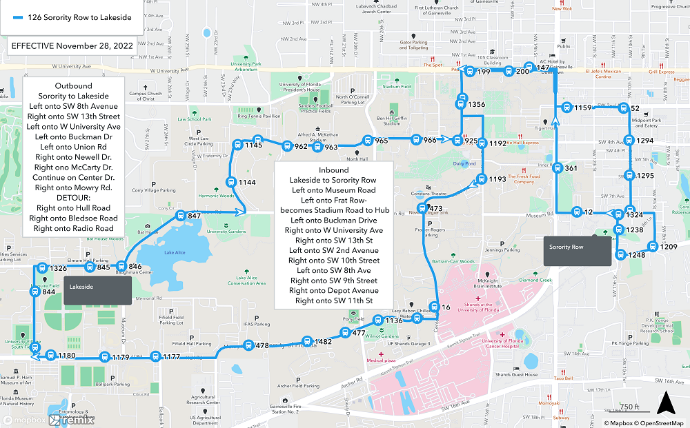 Gainesville Florida RTS November 28 Detours - Route 126 Complete and Detour